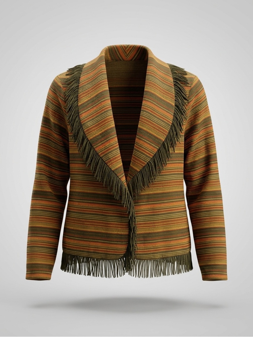 Vintage Striped Fringed Open-Front Jacket - Olive, Rust, Tan